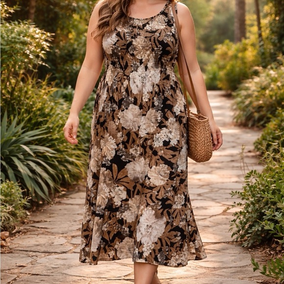 Croft & Barrow Floral Smocked Midi Dress Brown Neutral Boho XL - Picture 3 of 5